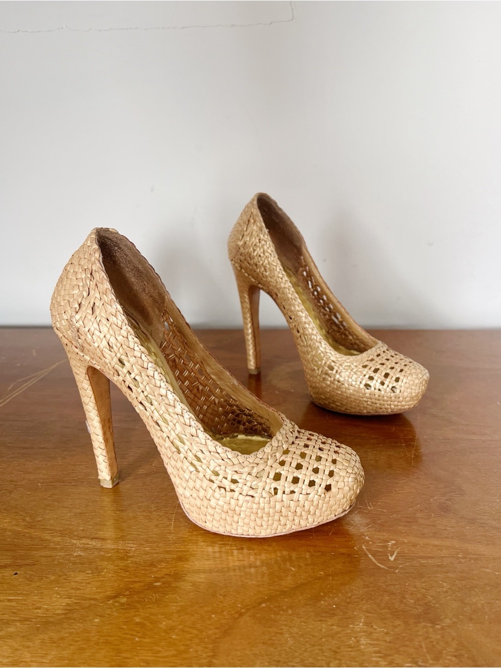 Prada • Madras Metallic Platform Pump gold woven leather stiletto heel